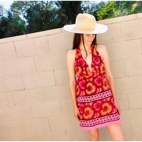 Vintage Dresses & Skirts - Vintage 70s Indian Boho Halter Mini Dress Tunic Pink Deadstock O/S